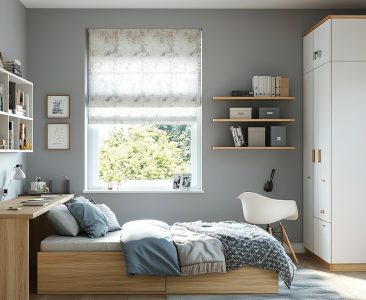 Modern Master Bedroom Design with Double Bed, Study, and Wardrobe-img