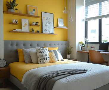 Modern Master Bedroom Design with Light Grey Bed and Yellow Wall Accent-img