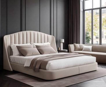 Modern Master Bedroom Design with Queen Bed, Sofa, and Curved Wall Panel-img