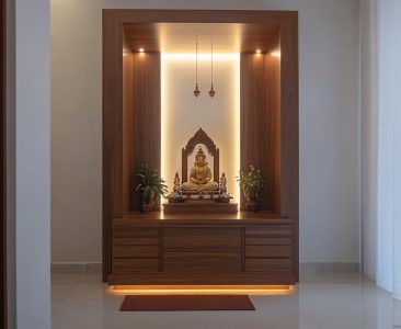 Modern Pooja Room Mandir Design With Strip Lighting And Inbuilt Drawers-img