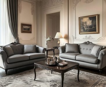 Traditional Living Room Design with Grey Upholstered Sofas-img