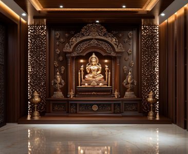 Traditional Walnut Bronze Pooja Room Design with LED-Lit CNC Panel-img