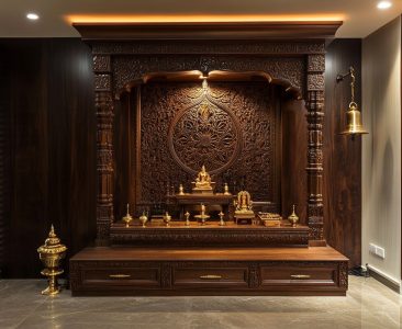 Traditional Walnut Pooja Unit Design with Carved Flower-img