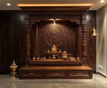 Traditional Walnut Pooja Unit Design with Carved Flower-img
