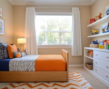Transitional Boys Room Design With Wooden Bed And Glossy White Storage Unit-img