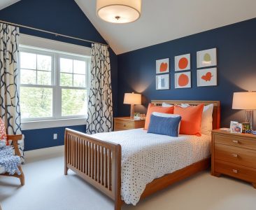 Transitional Kids Room Design With Wooden Furniture And Blue Accent Wall-img