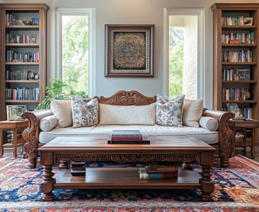 Transitional Living Room Design with Regal Wooden Sofa-img