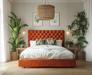Tropical Master Bedroom Design with Orange Headboard Queen Bed-img